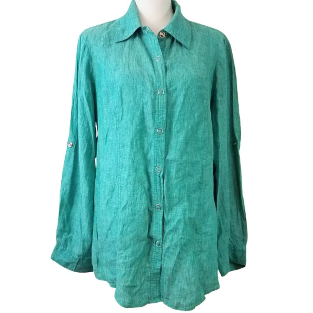 COLDWATER CREEK Green 100% Linen Snap-Front Roll-Sleeve Shirt Women's 1X